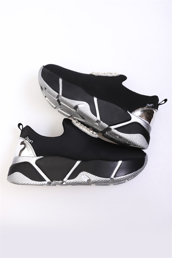 Luca Siyah Renkli Gümüş Parlak Taşlı Lux Kadın Spor Ayakkabı 