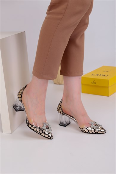 058010030000002LAYKİOrta TopukluMartinez Gold Renkli Kroko Desenli Önü Parlak Taşlı Lux Kadın Topuklu Ayakkabı 