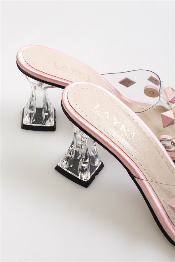 Cindy Pudra Renkli Pim Detaylı Şeffaf Topuklu Ayakkabı 