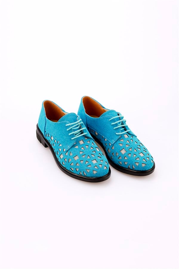 Daniel Turkuaz Renkli Lazer Kesim Rahat Taban Lux Kısa Taban Kadın Oxford Ayakkabı 