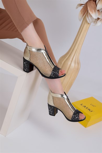 Fabregas Gold Renkli Harbul Deri Renkli Taşlı Lux Kadın Topuklu Ayakkabı 