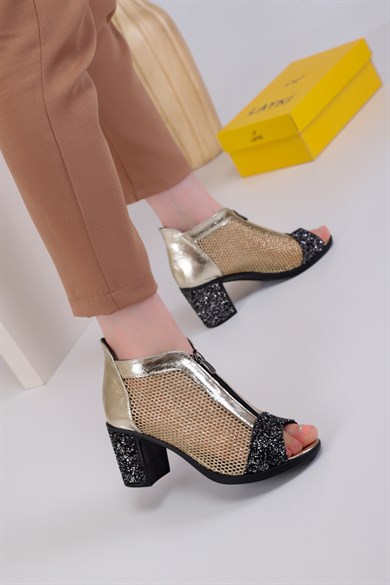 Fabregas Gold Renkli Harbul Deri Renkli Taşlı Lux Kadın Topuklu Ayakkabı 