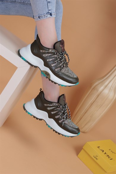 103010330000001laykiYürüyüş Ayakkabısılayki.com | Layki 103033 mat deri desenli Bayan Spor Ayakkabı Vilma Haki Renkli Parlak Taşlı Kadın Spor Ayakkabı 