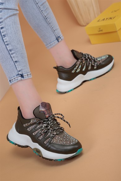103010330000001laykiYürüyüş Ayakkabısılayki.com | Layki 103033 mat deri desenli Bayan Spor Ayakkabı Vilma Haki Renkli Parlak Taşlı Kadın Spor Ayakkabı 