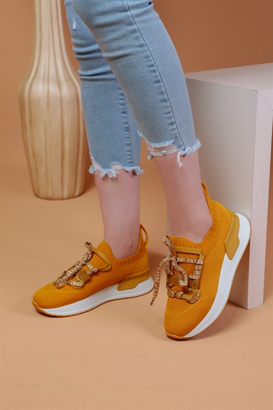 332010040000001laykiYürüyüş Ayakkabısılayki.com | Layki 332004 triko deri desenli Bayan Ayakkabı  Polina Hardal Renkli Triko Desenli Bağcıklı Kadın Spor Ayakkabı 